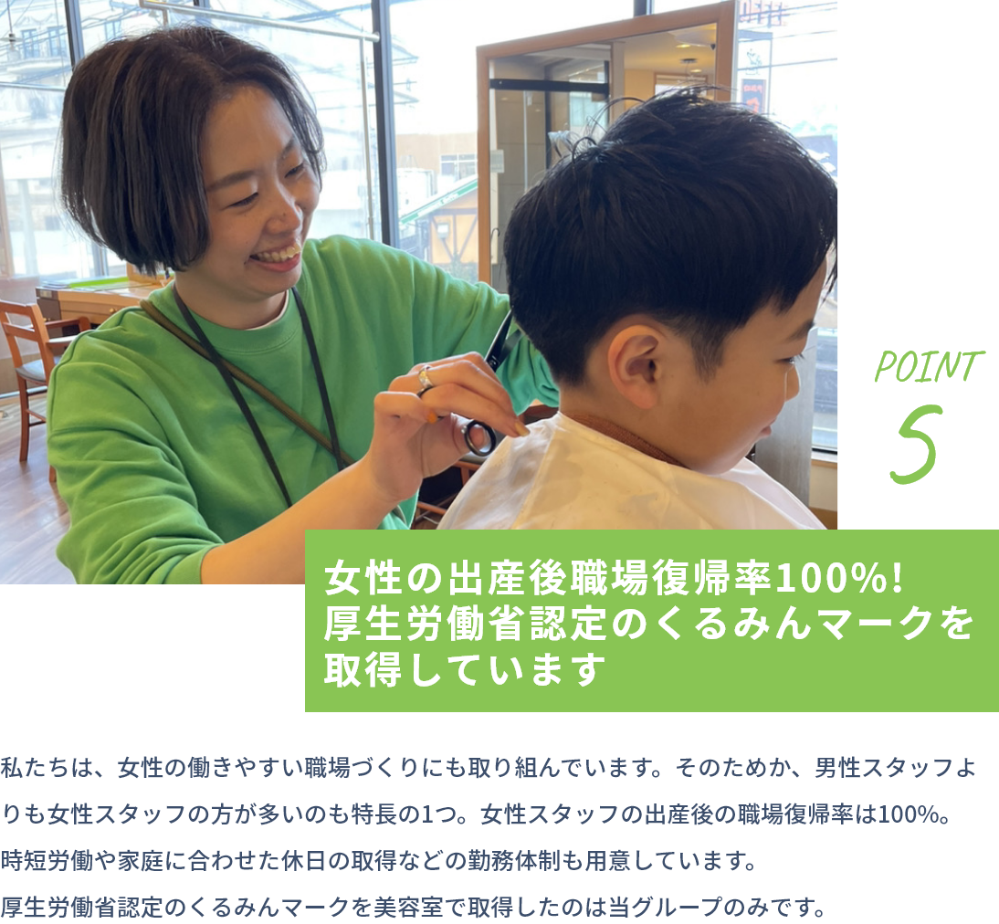 point5 女性の出産後職場復帰率100%!厚生労働省認定のくるみんマークを取得しています 私たちは、女性の働きやすい職場づくりにも取り組んでいます。そのためか、男性スタッフよりも女性スタッフの方が多いのも特長の1つ。女性スタッフの出産後の職場復帰率は100%。時短労働や家庭に合わせた休日の取得などの勤務体制も用意しています。厚生労働省認定のくるみんマークを美容室で取得したのは当グループのみです。